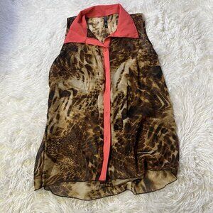 DGNY woman sz 1X silky sleeveless marbled swing top Brown Button Sheer Tank